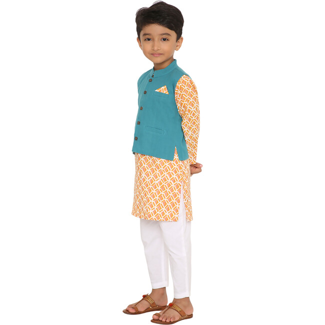 Boys Genda Block Print Ethnic Kurta, Ambar Jacket & Churidaar 3-Piece Set, Orange & Blue - Mixed Apparel Set - 7