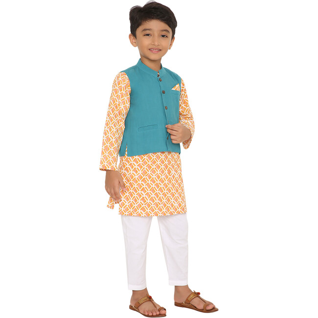 Boys Genda Block Print Ethnic Kurta, Ambar Jacket & Churidaar 3-Piece Set, Orange & Blue - Mixed Apparel Set - 8