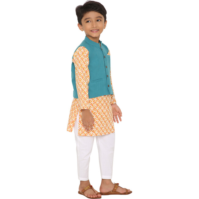 Boys Genda Block Print Ethnic Kurta, Ambar Jacket & Churidaar 3-Piece Set, Orange & Blue - Mixed Apparel Set - 9