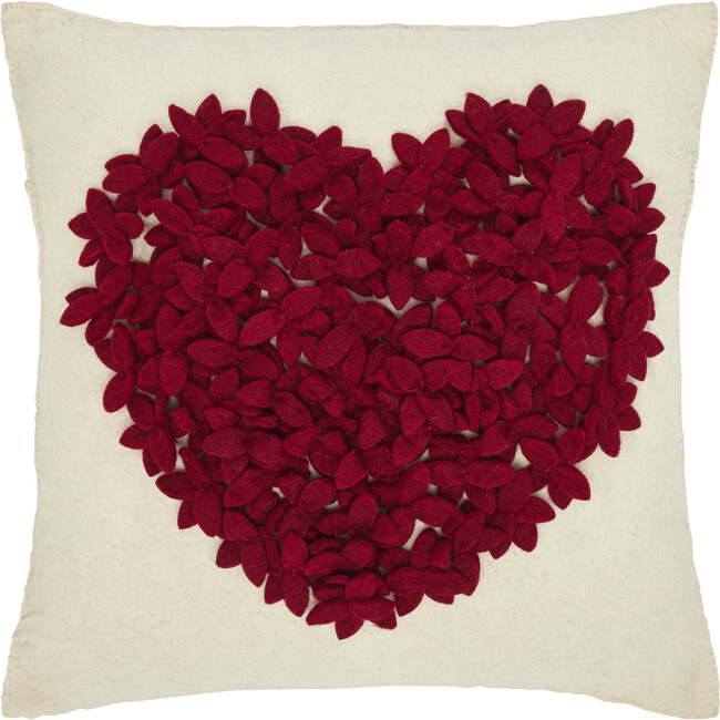 Hand Felted Wool Pillow, Red Heart on Cream