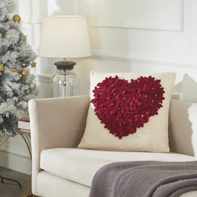 Hand Felted Wool Pillow, Red Heart on Cream - Accents - 2