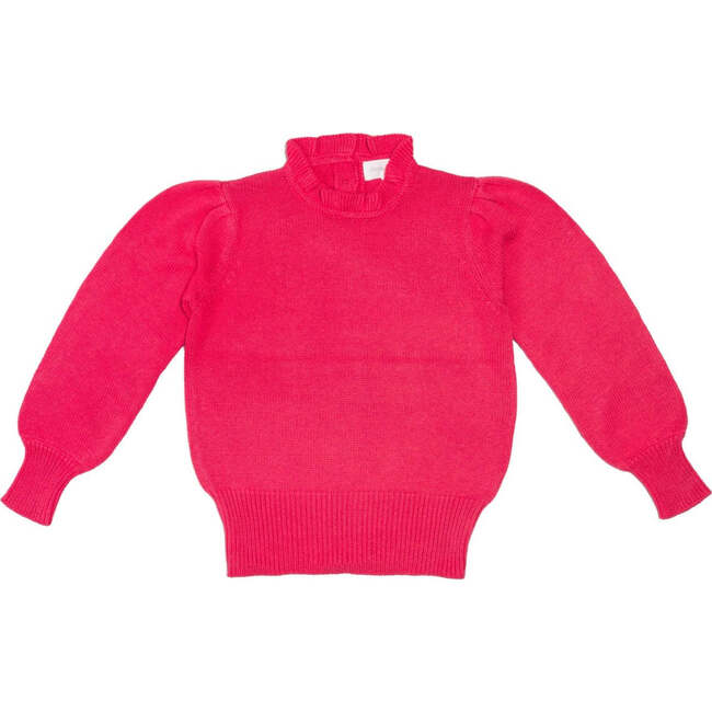 Ruffle Collar Ribbed Hem Long Puff Sleeve Jumper, Raspberry - Sweaters - 1