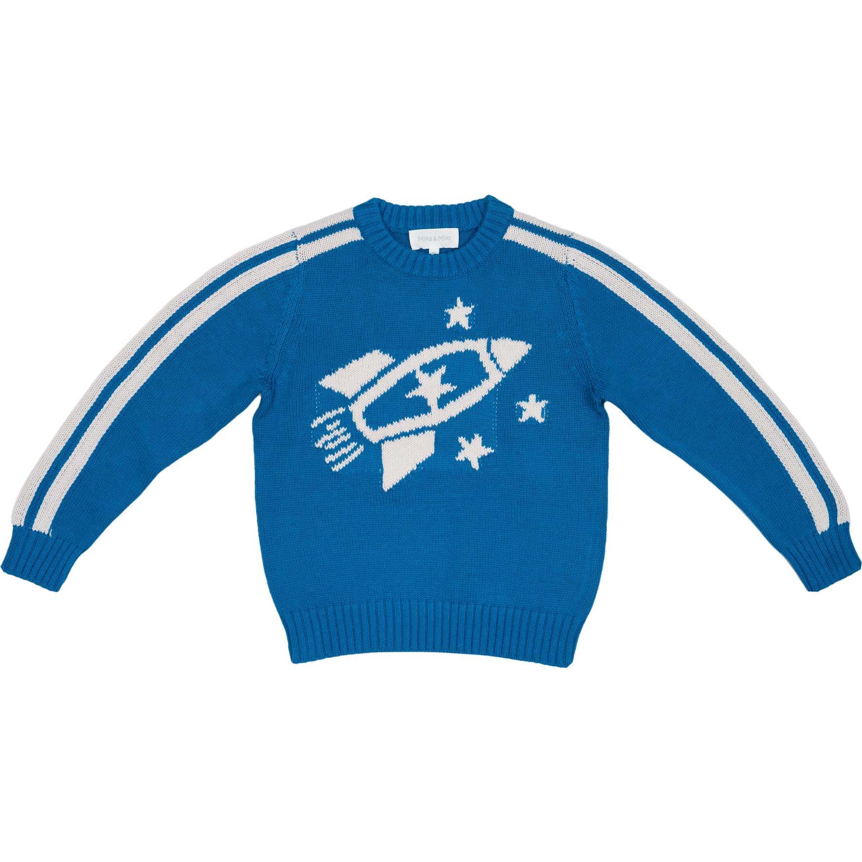 Striped Rocket Crew Neck Ribbed Hem Long Sleeve Knit Jumper, Cobalt - Sweaters - 1