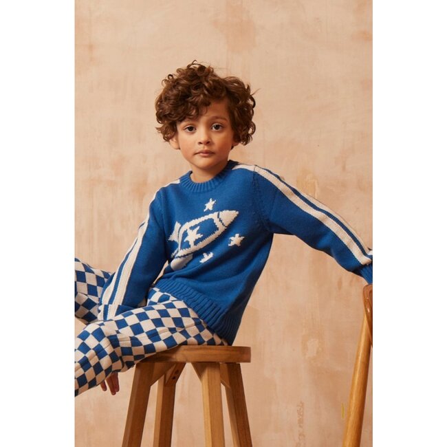 Striped Rocket Crew Neck Ribbed Hem Long Sleeve Knit Jumper, Cobalt - Sweaters - 2