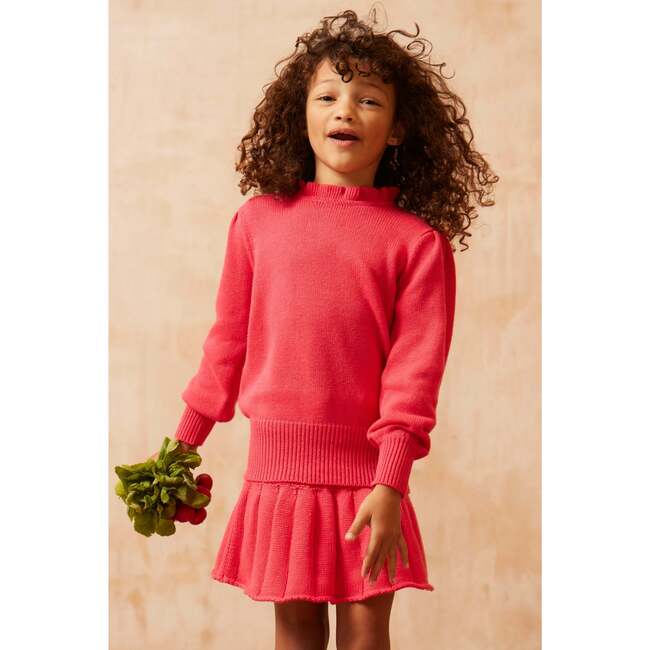 Ruffle Collar Ribbed Hem Long Puff Sleeve Jumper, Raspberry - Sweaters - 3