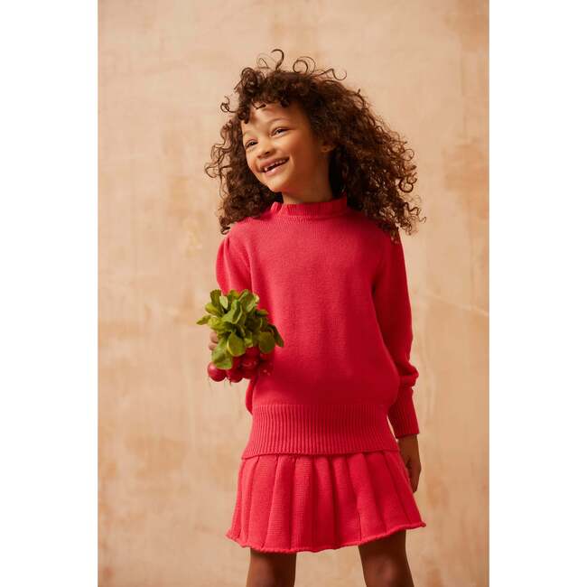 Ruffle Collar Ribbed Hem Long Puff Sleeve Jumper, Raspberry - Sweaters - 4