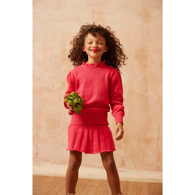 Ruffle Collar Ribbed Hem Long Puff Sleeve Jumper, Raspberry - Sweaters - 5