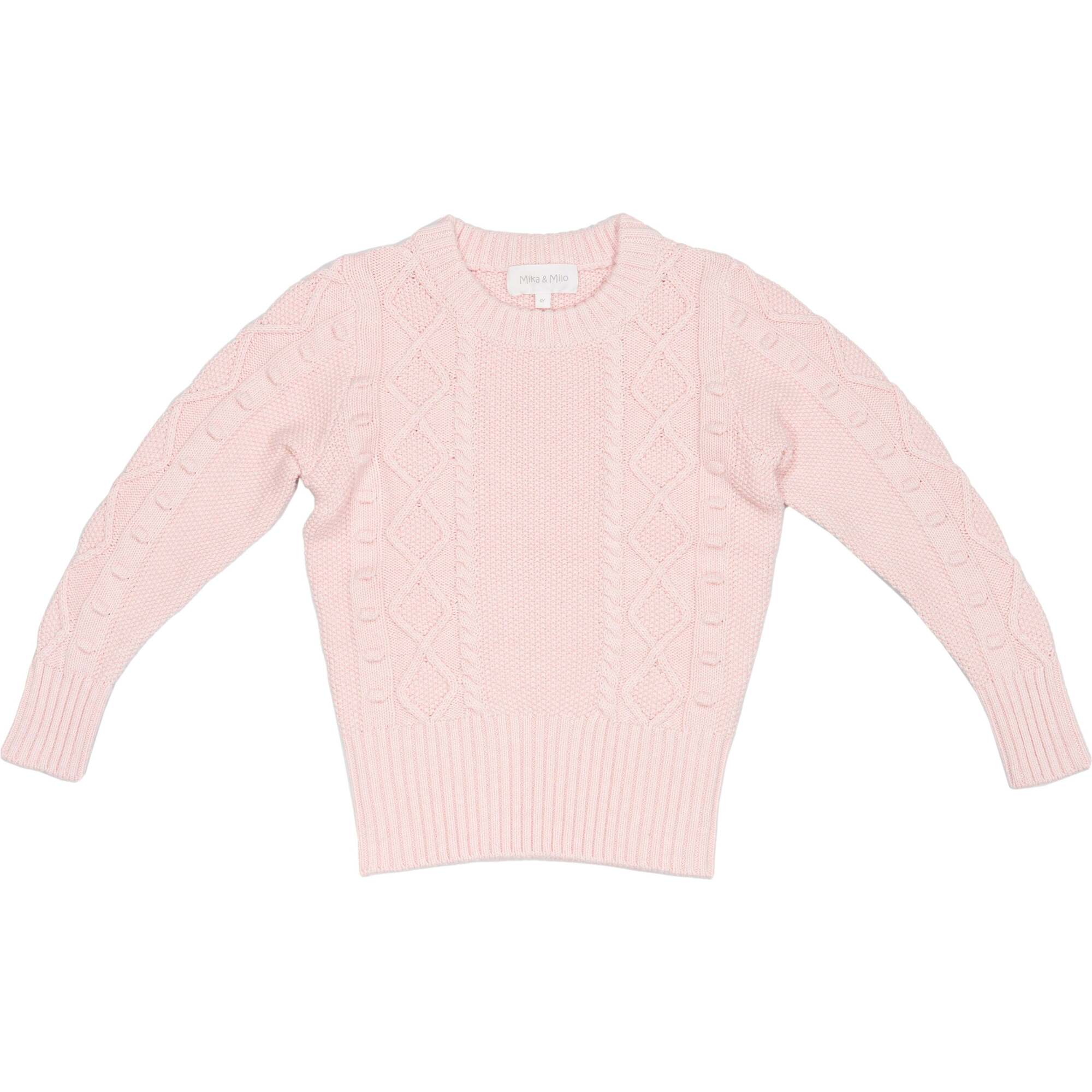 Popcorn Ribbed Hem Long Sleeve Cable-Knit Jumper, Blush - Sweaters - 1