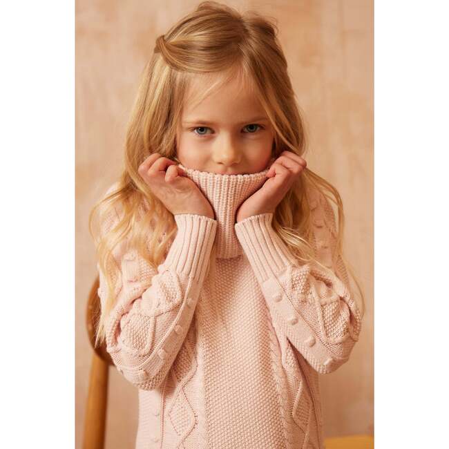 Popcorn Ribbed Hem Long Sleeve Cable-Knit Jumper, Blush - Sweaters - 2