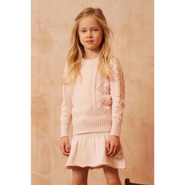 Popcorn Ribbed Hem Long Sleeve Cable-Knit Jumper, Blush - Sweaters - 3