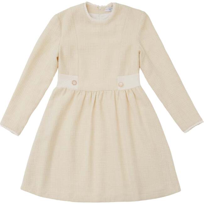 Women's Caroline Round Neck Long Sleeve Buttoned Skirt Dress, Cream Tweed & Gold