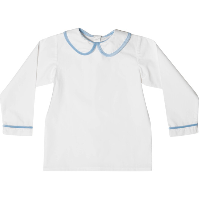 Henry Peter Pan Collar Long Sleeve 2-Buttoned Shirt, White & Bay Tree Blue Velvet