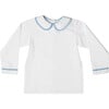 Henry Peter Pan Collar Long Sleeve 2-Buttoned Shirt, White & Bay Tree Blue Velvet - Shirts - 1 - thumbnail