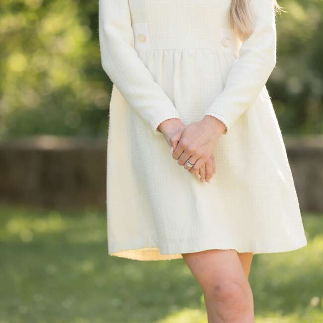 Women's Caroline Round Neck Long Sleeve Buttoned Skirt Dress, Cream Tweed & Gold - Dresses - 4