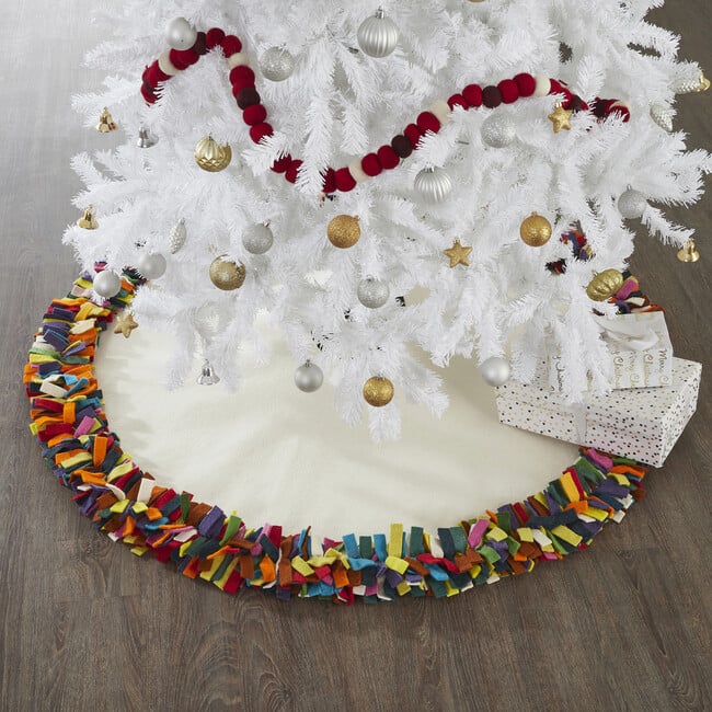 Handmade Felt Christmas Tree Skirt - Multicolor Fringe Border on Cream - Tree Skirts - 4