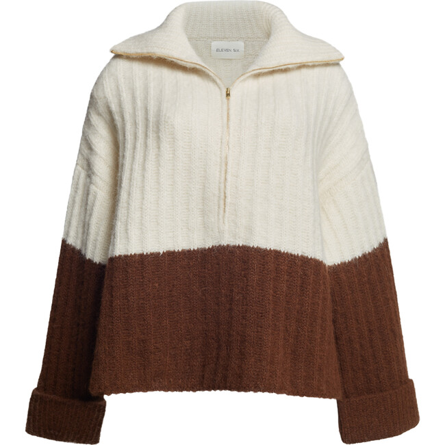 Women's Uma Color-Block Ribbed Drop Shoulder Half-Zip Poncho, Ivory & Cocoa