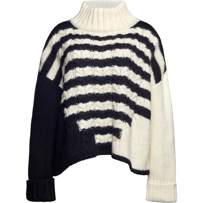 Women's Maeve Striped Funnel Neck Long Sleeve Cable Knit Sweater, Ivory & Black