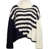 Women's Maeve Striped Funnel Neck Long Sleeve Cable Knit Sweater, Ivory & Black - Sweaters - 1 - thumbnail