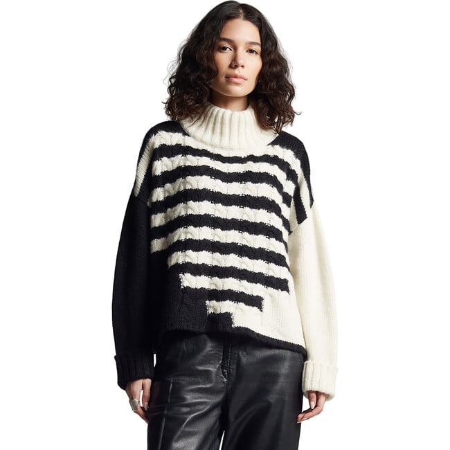 Women's Maeve Striped Funnel Neck Long Sleeve Cable Knit Sweater, Ivory & Black - Sweaters - 2