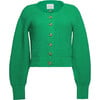 Women's Becca Crew Neck Blouson Sleeve Button-Up Cardigan, Emerald - Cardigans - 1 - thumbnail