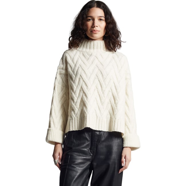 Women's Mae Funnel Neck Long Sleeve Cable Knit Sweater, Ivory - Sweaters - 2