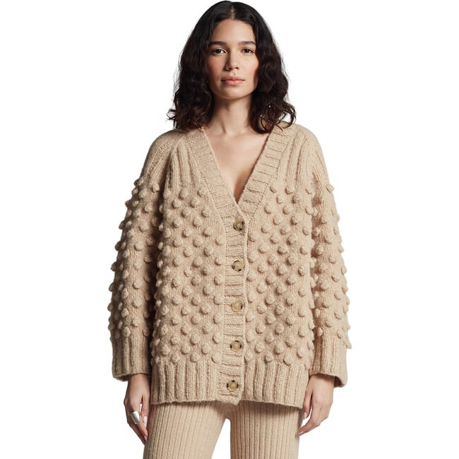 Women's Lian Pop Corn Stitch Hand Knit Button-Up Cardigan, Pale Camel - Cardigans - 2