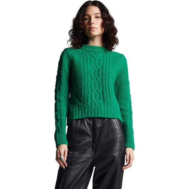 Women's Carly Mock Neck Long Sleeve Cable Knit Sweater, Emerald - Sweaters - 2