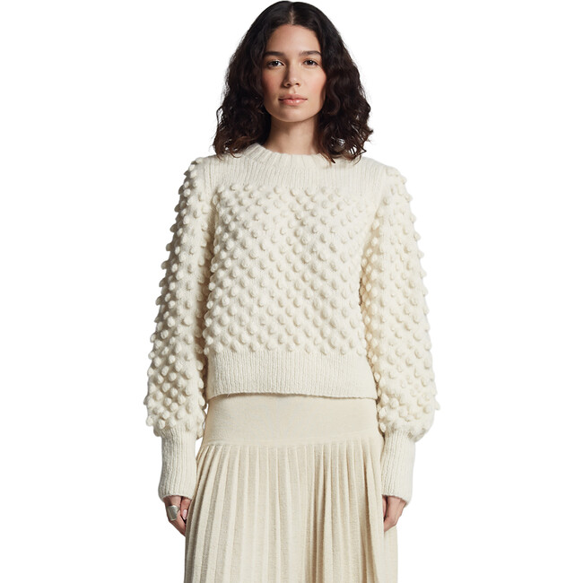 Women's Camila Pop Corn Stitch Blouson Sleeve Hand Knit Sweater, Ivory - Sweaters - 2