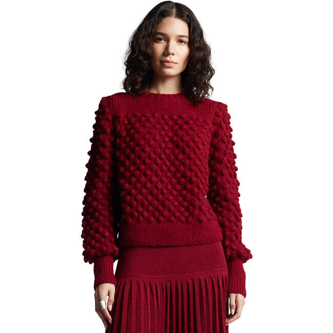 Women's Camila Pop Corn Stitch Blouson Sleeve Hand Knit Sweater, Claret - Sweaters - 2