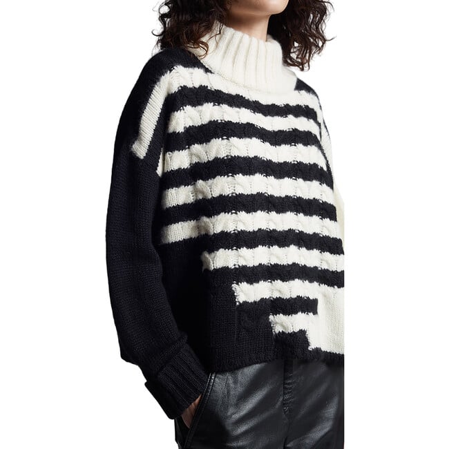 Women's Maeve Striped Funnel Neck Long Sleeve Cable Knit Sweater, Ivory & Black - Sweaters - 4