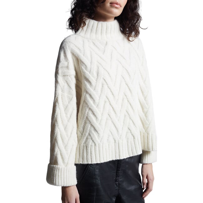 Women's Mae Funnel Neck Long Sleeve Cable Knit Sweater, Ivory - Sweaters - 4