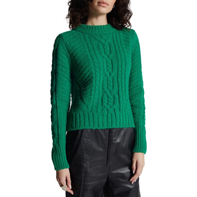 Women's Carly Mock Neck Long Sleeve Cable Knit Sweater, Emerald - Sweaters - 4