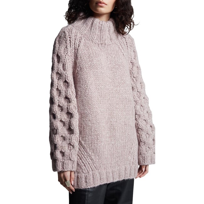 Women's Cailin Funnel Neck Long Sleeve Cable Knit Sweater, Melange Pink - Sweaters - 4