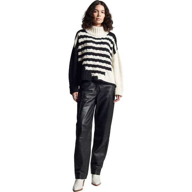 Women's Maeve Striped Funnel Neck Long Sleeve Cable Knit Sweater, Ivory & Black - Sweaters - 6