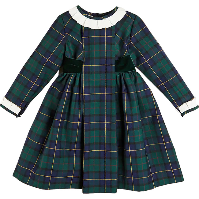 Windsor Tartan Print Ruffle Collar Long Sleeve Dress, Green - Dresses - 1