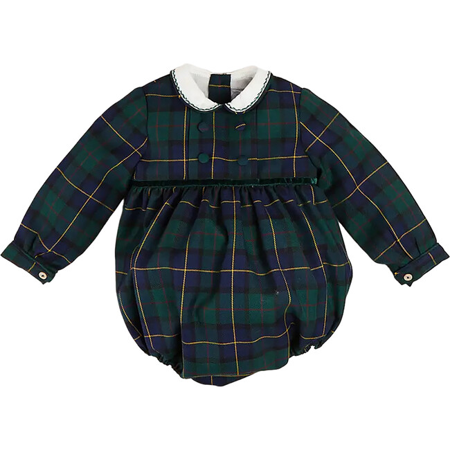 Windsor Tartan Print Long Sleeve Hand Smocked Romper, Green