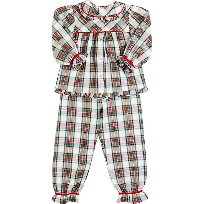 Sussex Tartan Print Yoke Ruffle Collar Long Sleeve Pyjamas Set, Red