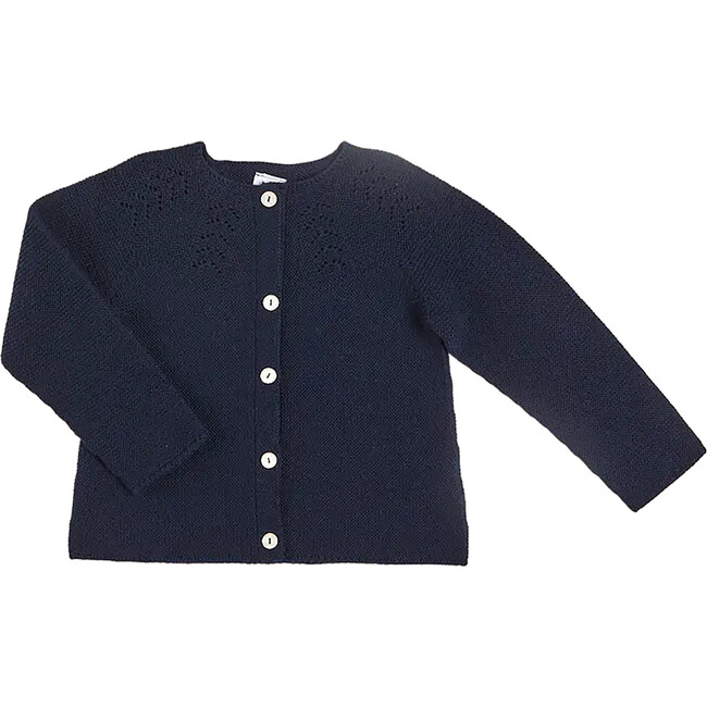 Openwork Long Sleeve Button-Up Knit Cardigan, Navy