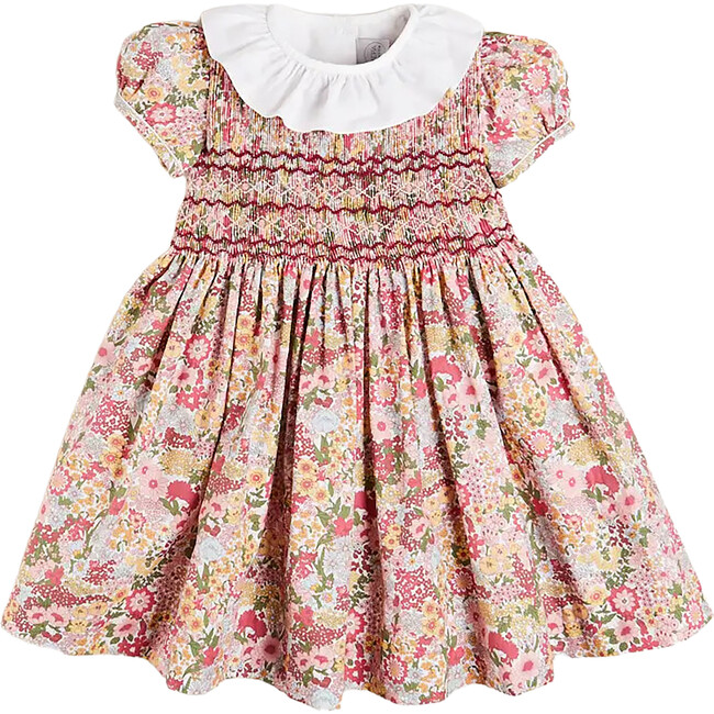 Florence Floral Print Short Sleeve Hand-Smocked Dress, Pink - Dresses - 1