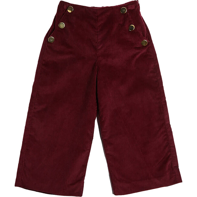 Gold Button Wide Leg Corduroy Pocket Trousers, Burgundy