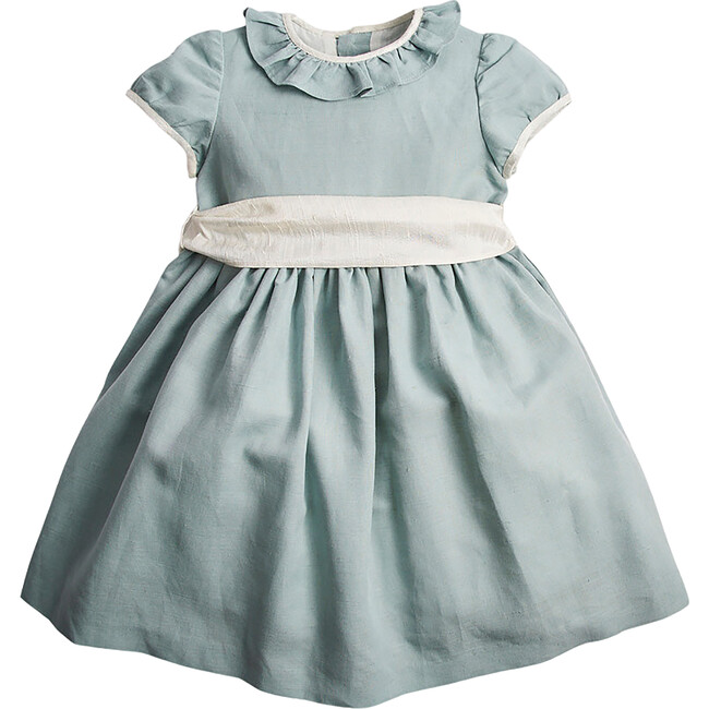 Girls Flower Frill Collar Short Puff Sleeve Sash Waist Dress, Teal