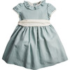 Girls Flower Frill Collar Short Puff Sleeve Sash Waist Dress, Teal - Dresses - 1 - thumbnail