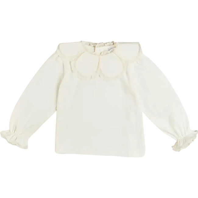 Lace Trim Petal Collar Elastic Cuff Long Sleeve Top, Cream