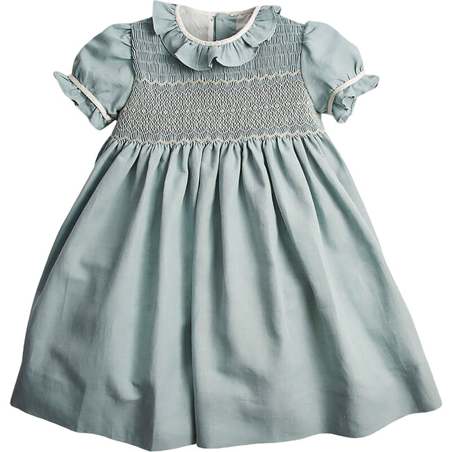 Girls Flower Occasion Frill Short Puff Sleeve Smocked Dress, Teal & Ivory