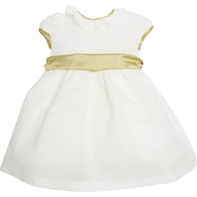 Girls Flower Frill Collar Short Puff Sleeve Sash Waist Dress, Ivory & Green