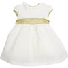 Girls Flower Frill Collar Short Puff Sleeve Sash Waist Dress, Ivory & Green - Dresses - 1 - thumbnail