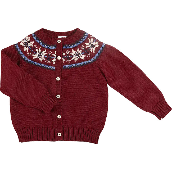 Fair Isle Long Sleeve Button-Up Knit Cardigan, Burgundy