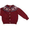 Fair Isle Long Sleeve Button-Up Knit Cardigan, Burgundy - Cardigans - 1 - thumbnail