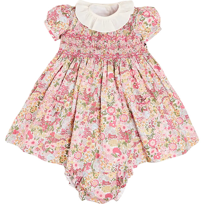 Florence Floral Print Short Sleeve Hand-Smocked Bloomer Dress, Pink