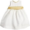 Girls Flower Sleeveless Silk Sash Dress, Ivory & Green - Dresses - 1 - thumbnail